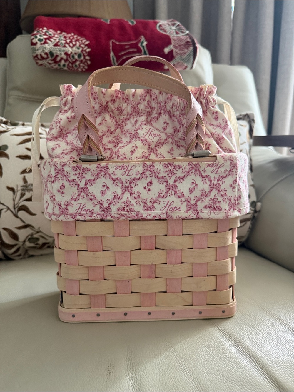 Longaberger Pink and Natural Woven Tote with Floral Liner